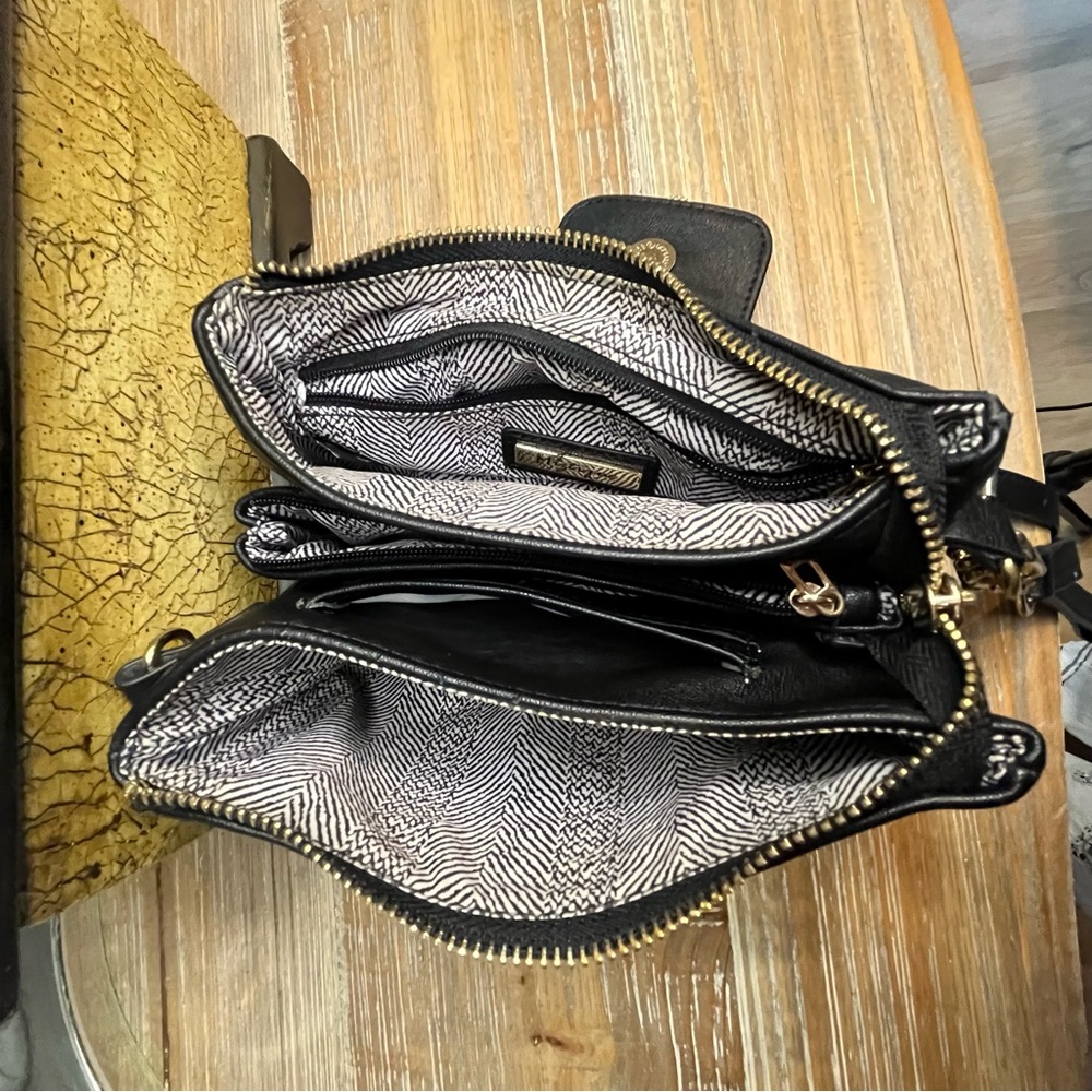 Miztique Black Vegan Leather Crossbody Bag Gold Hardware Buckle Detail - Picture 13 of 16
